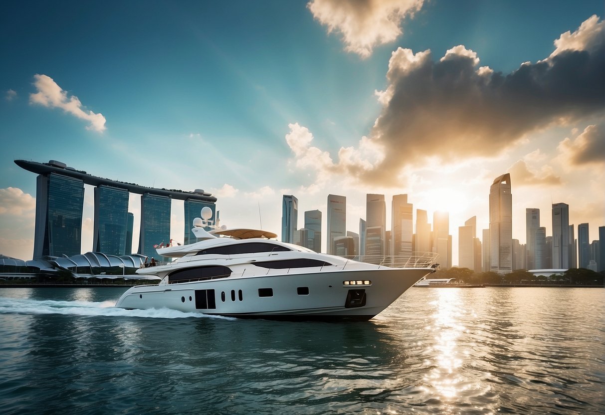 A luxurious yacht sails through the sparkling waters of Singapore, with the city's iconic skyline in the background. The yacht is adorned with banners promoting exclusive 2024 charter deals