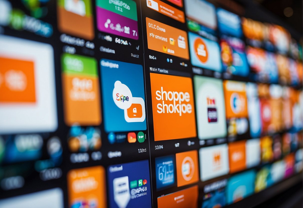 Brightly colored banners and logos fill the screen, showcasing the latest online promotions for Shopee in Singapore