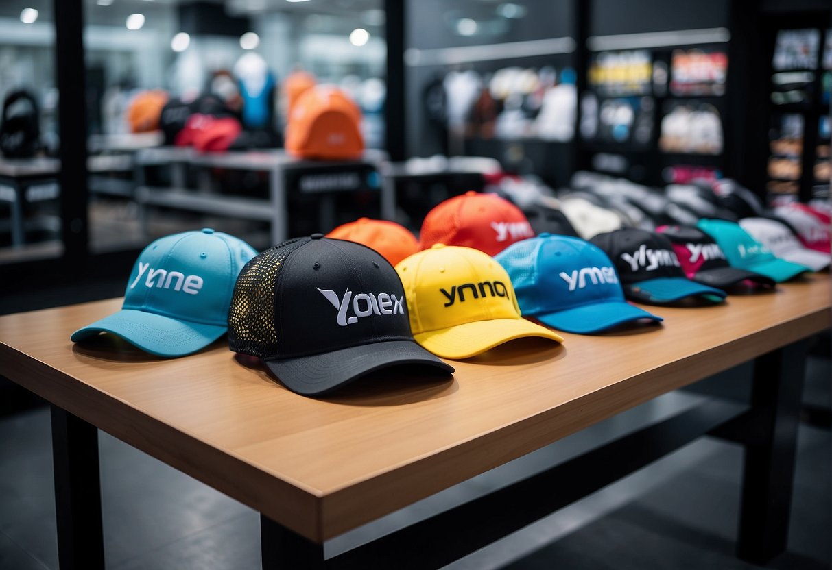 A table of Yonex sports equipment displayed with promotional signs in a bright, modern store setting