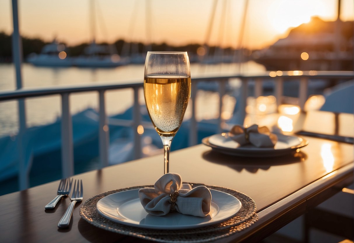 A luxurious yacht sails through crystal blue waters, with the sun setting in the background. The deck is filled with plush lounging areas and a dining table set for a gourmet meal