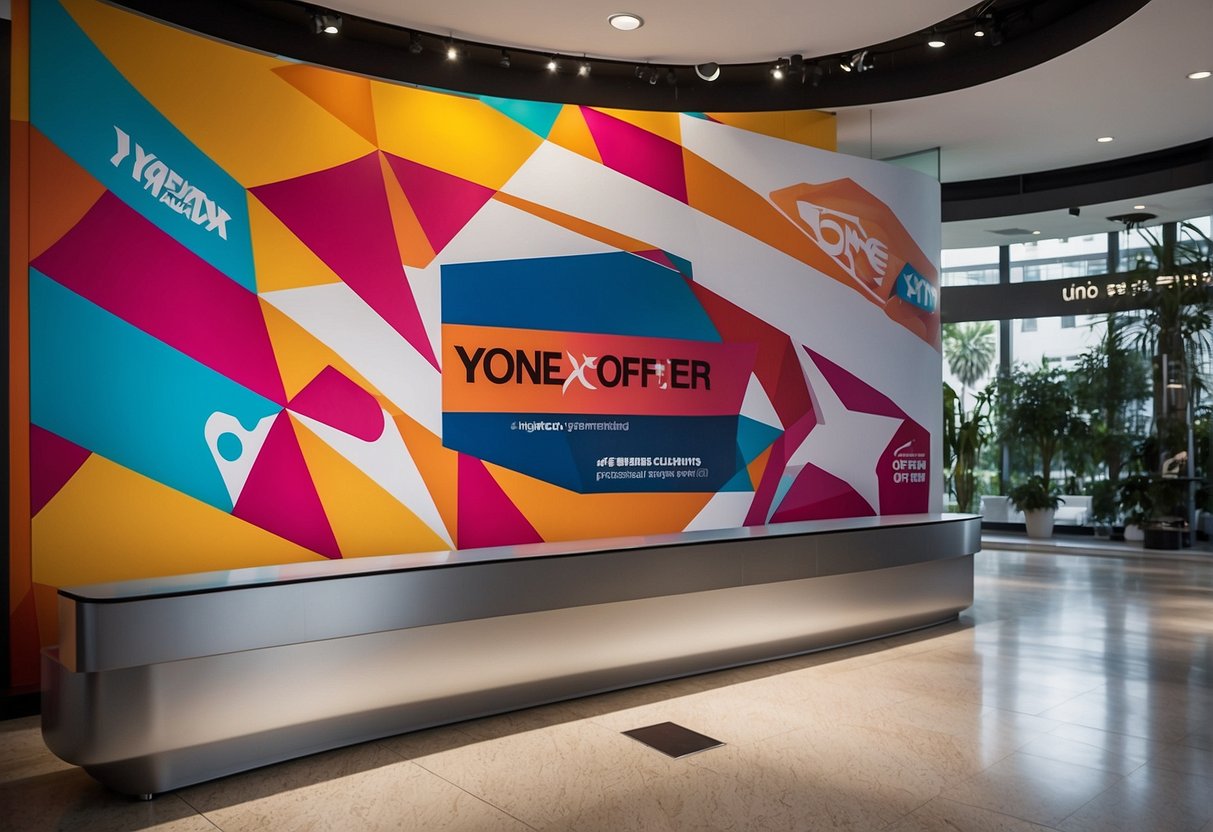 A vibrant poster featuring the Yonex logo, with bold text promoting special offers in Singapore. Bright colors and eye-catching design