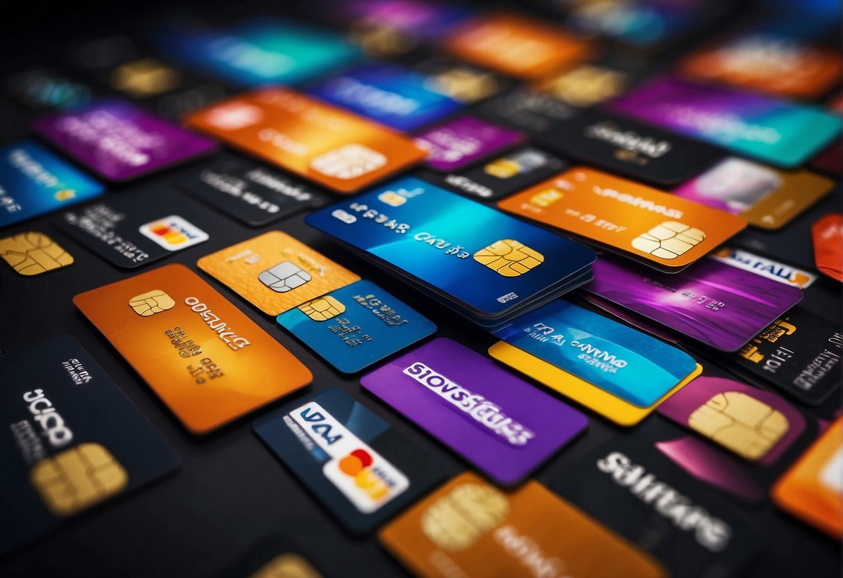 Colorful credit cards flying out of a virtual shopping bag with "Exciting Card Offers" and "Shopee Promotions Singapore" displayed on a screen