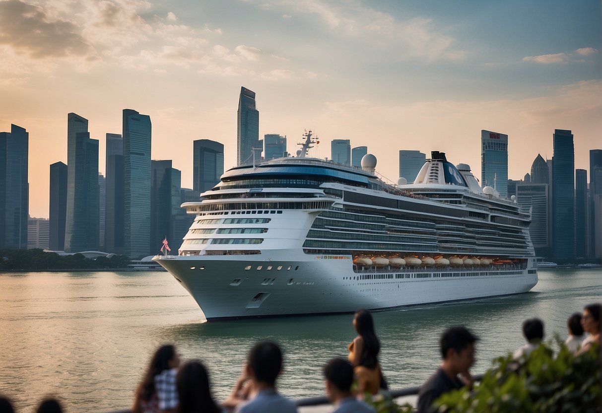 A cruise ship sailing through the Singapore Strait, with the city skyline in the background and the ship's deck filled with happy passengers