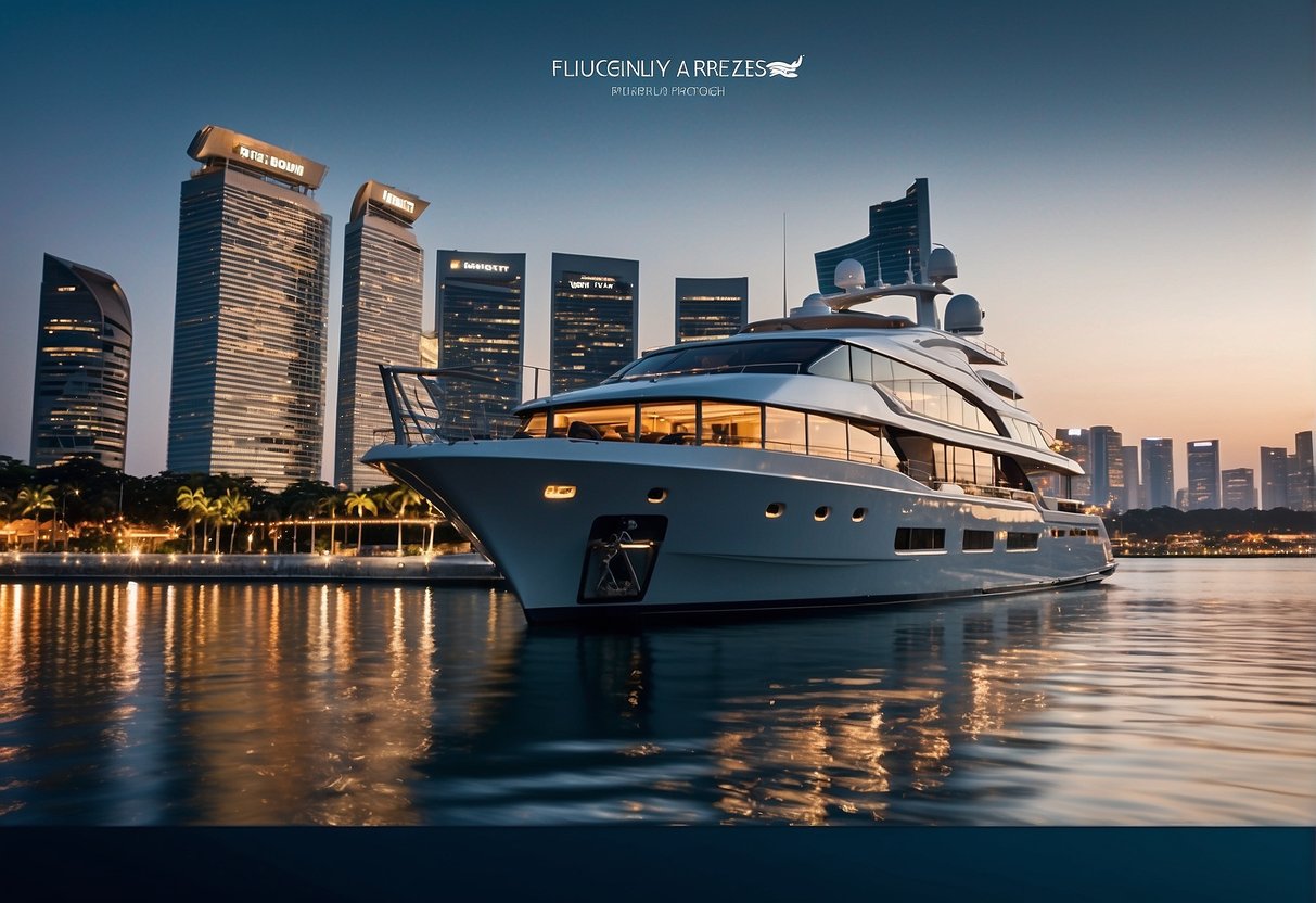 A luxurious yacht sailing through the sparkling waters of Singapore, with a banner promoting "Frequently Asked Questions yacht charter promotions" fluttering in the breeze