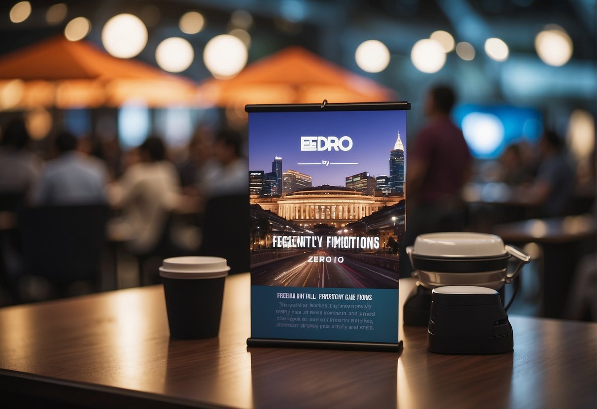 A table with promotional materials, a banner with "Frequently Asked Questions zero1 promotions singapore" displayed, and a crowd of people asking questions