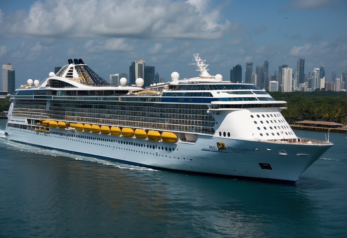 A luxurious Royal Caribbean cruise ship sails through the glittering waters, adorned with vibrant banners advertising exclusive promotions for the "cruise to nowhere" in Singapore