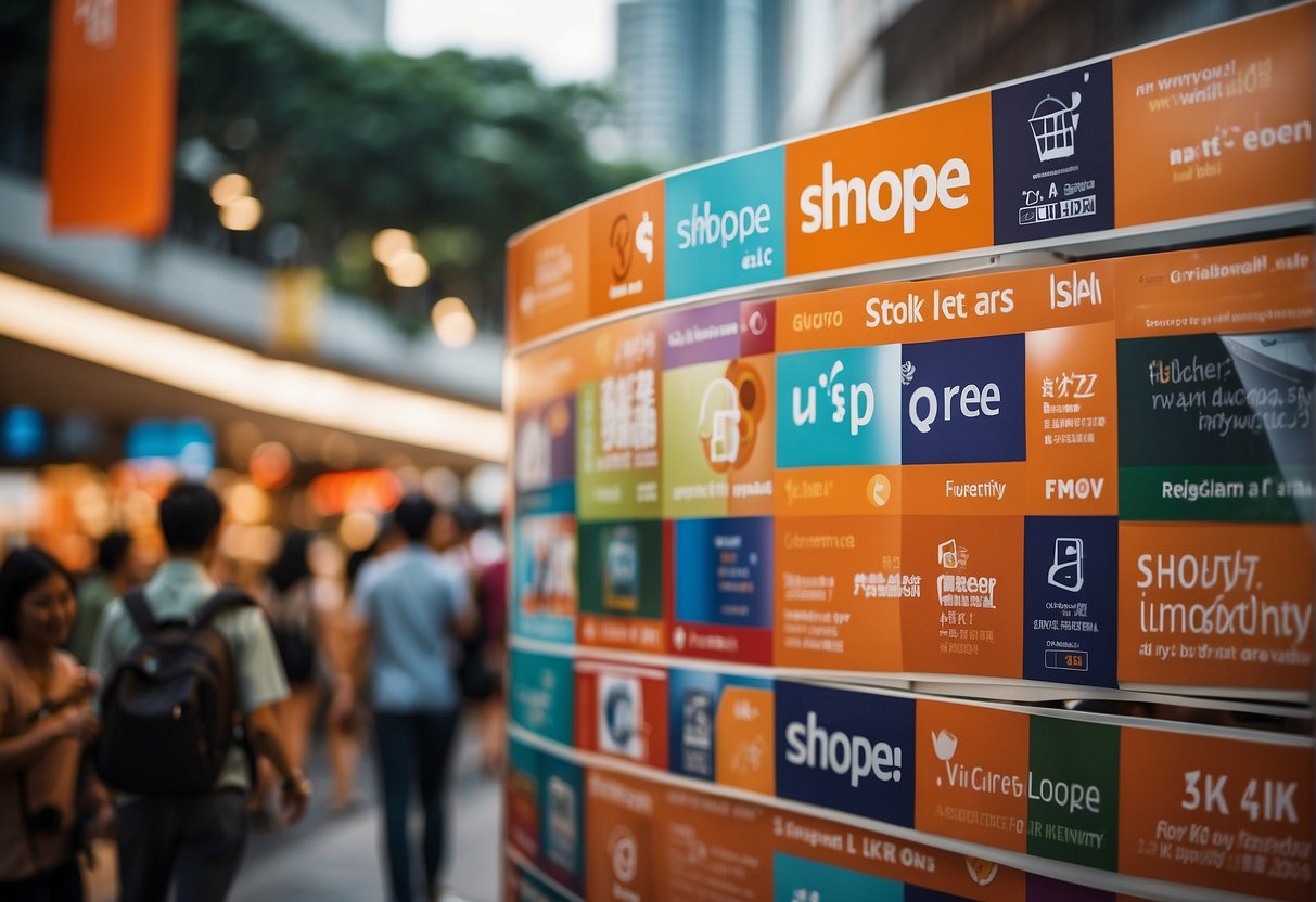 A colorful display of "Frequently Asked Questions" banners and promotional materials for Shopee in a bustling Singapore market