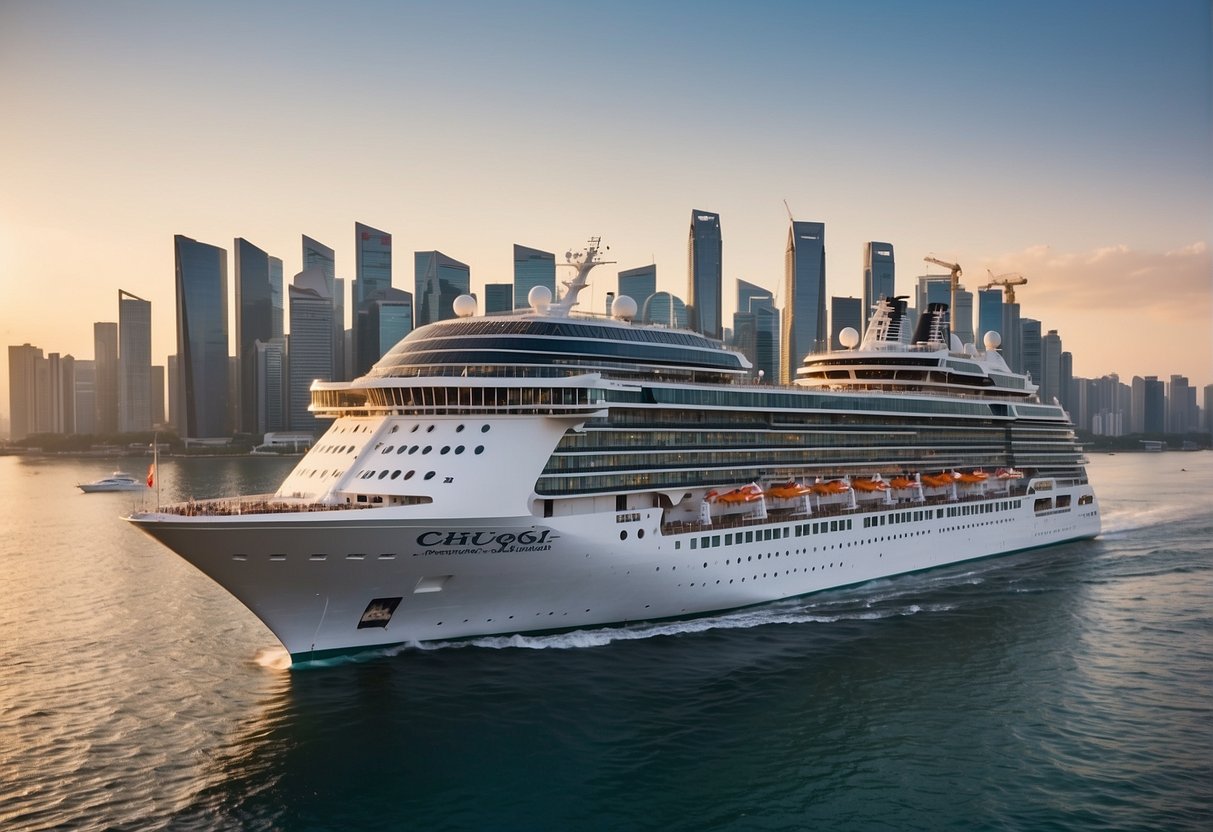 A cruise ship sailing towards the horizon with a prominent "Frequently Asked Questions" banner displayed on the deck, surrounded by the iconic skyline of Singapore