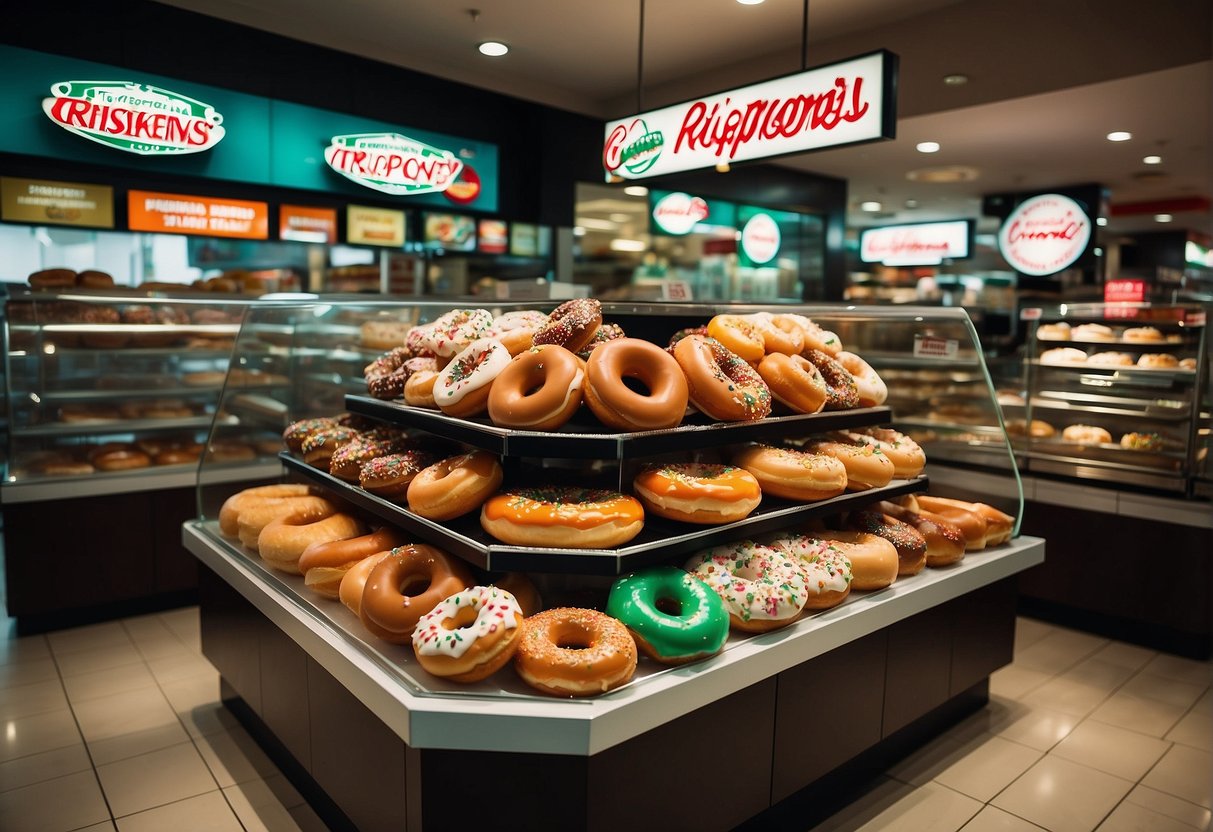 A colorful Krispy Kreme display with various promotional signs and delicious donuts in a bustling Singaporean store