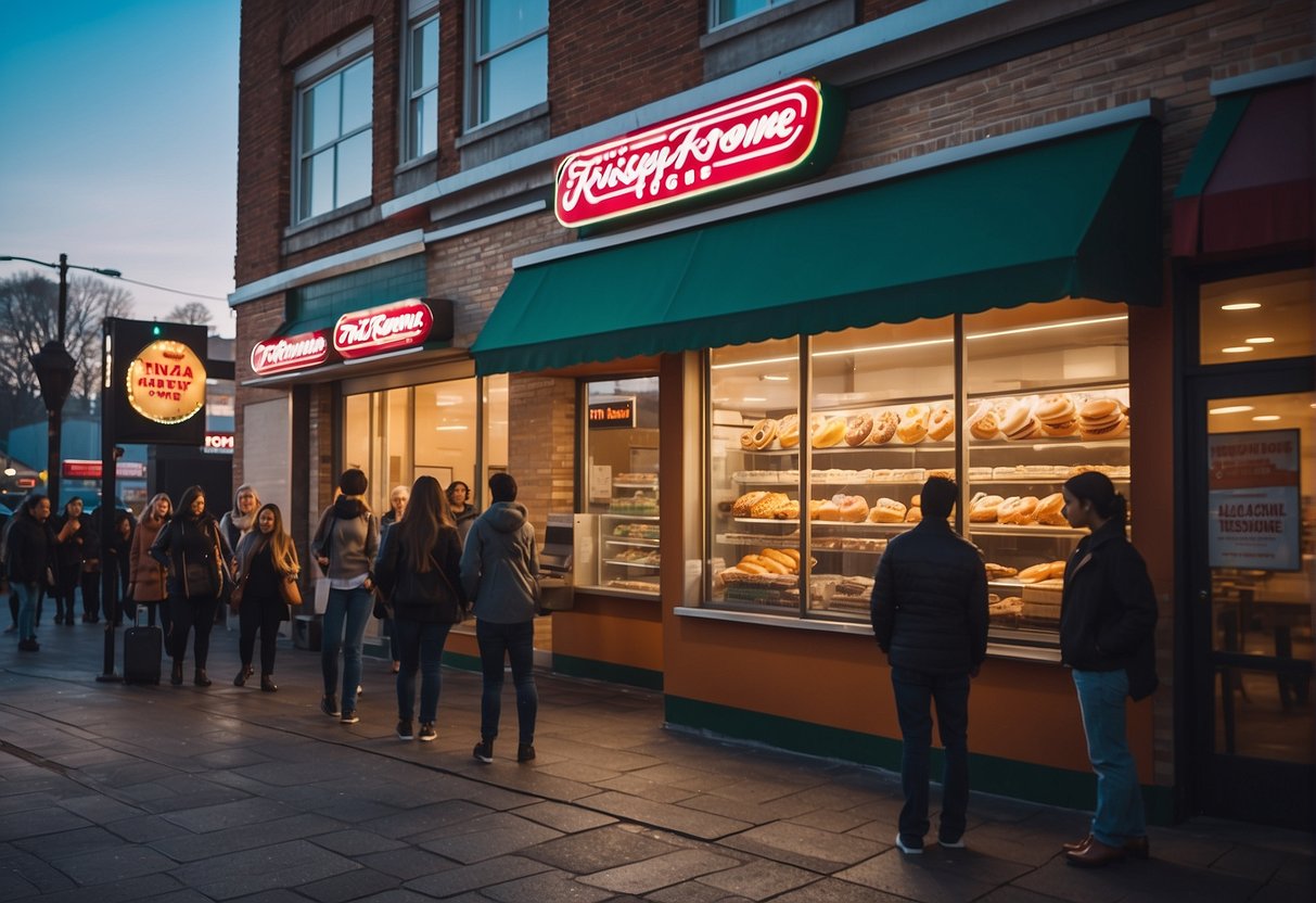 Colorful Krispy Kreme storefront with vibrant promotional signage and a queue of customers outside