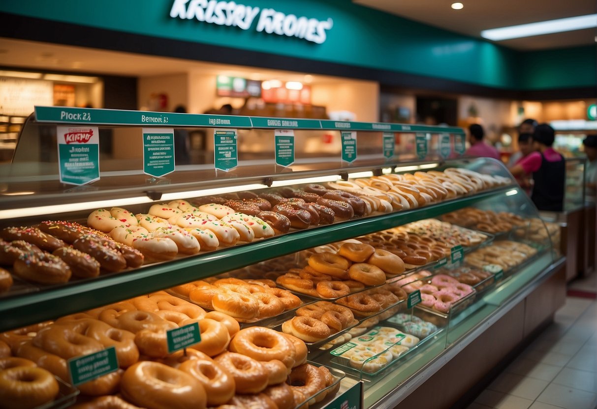A colorful display of Krispy Kreme donuts with promotional signage in a bustling Singapore store