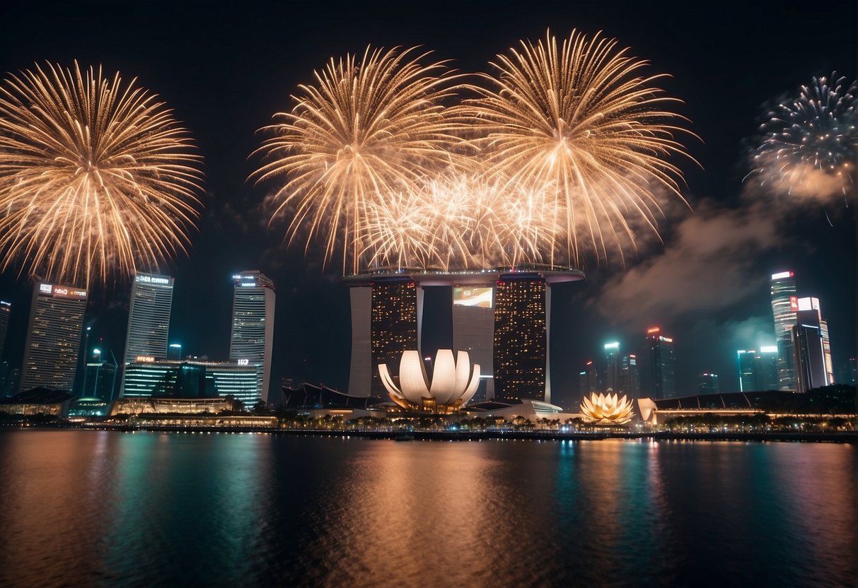 A festive scene with Singaporean flags, fireworks, and promotional banners for National Day celebrations