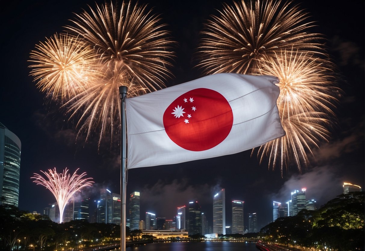 A festive scene with Singaporean flags, fireworks, and promotional banners for National Day celebrations