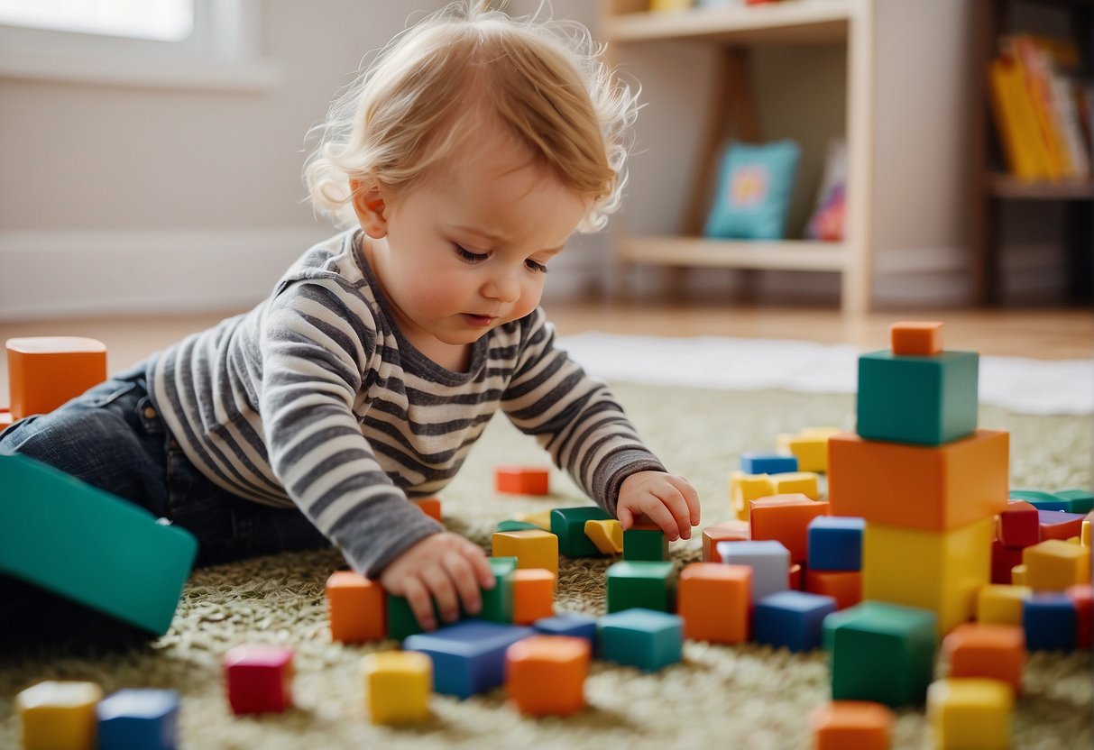 A toddler playing with colorful blocks, a caregiver reading a picture book, and a sensory bin filled with various textures and objects