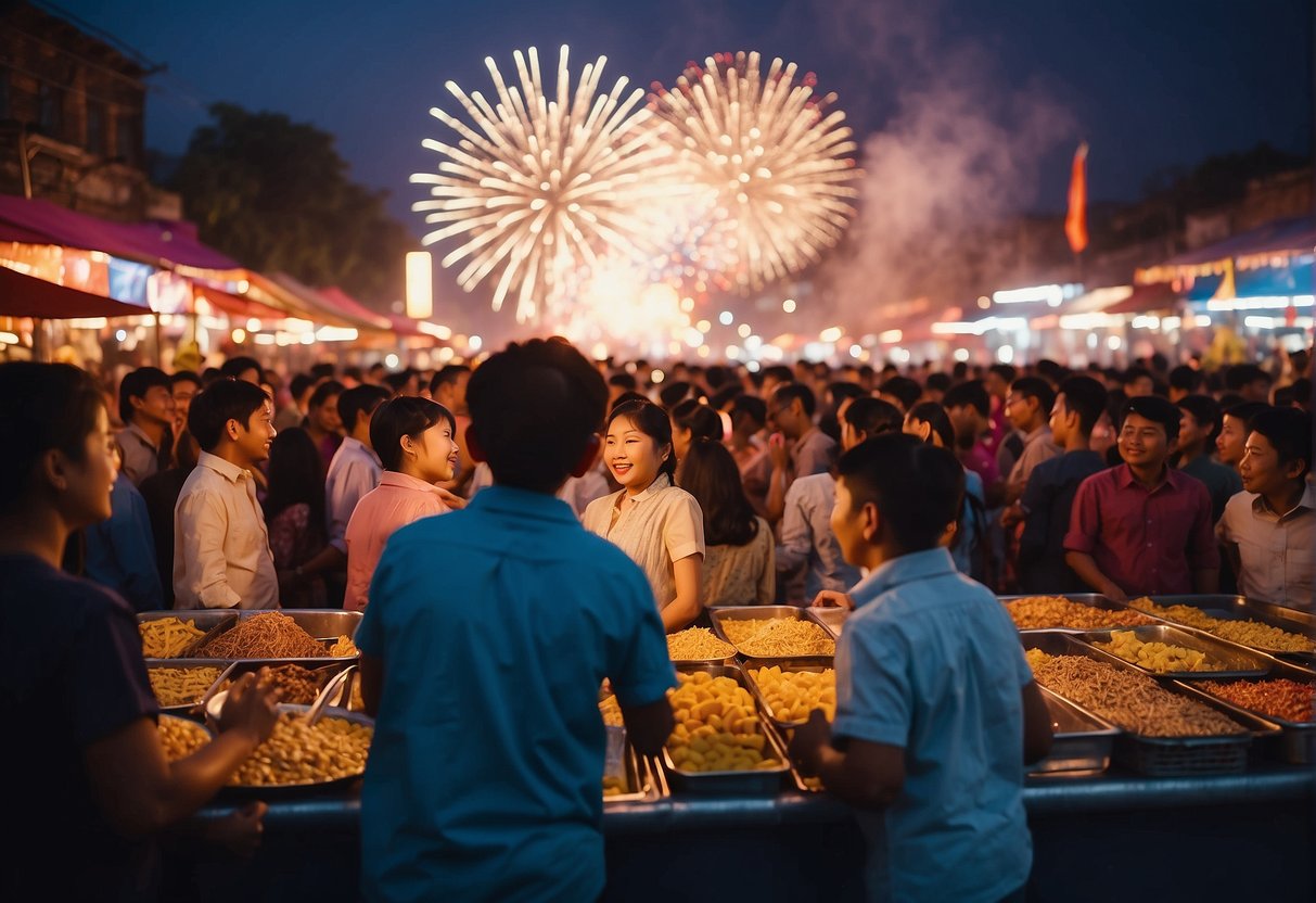 People cheer as fireworks light up the night sky, while colorful banners and flags flutter in the breeze. Street vendors sell traditional snacks, and children play games in the festive atmosphere