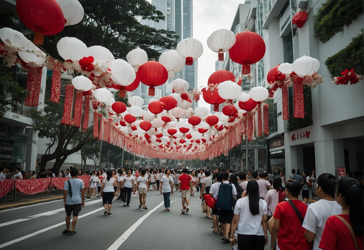 A bustling Singapore street adorned with red and white decorations, showcasing promotions for the National Day Parade