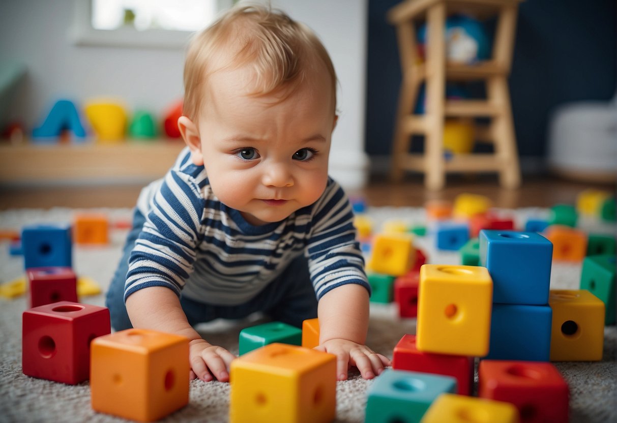 A 21-month-old playing with colorful blocks, stacking and knocking them down. Another child is crawling, exploring toys and objects in the room