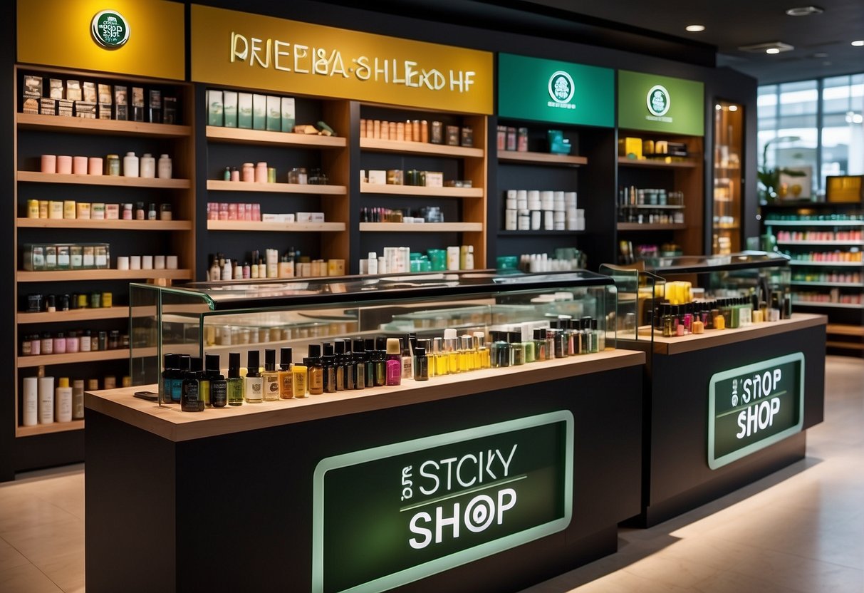 A display of beauty products with promotional signs at The Body Shop in Singapore. Bright, colorful signage and attractive product arrangements