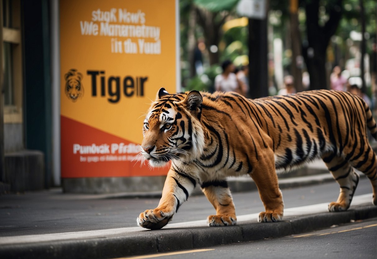 A tiger prowls through the bustling streets of Singapore, with colorful promotional banners for Tiger Airways hanging in the background