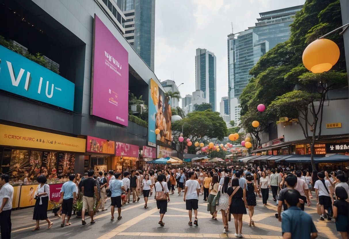 Viu Promotions Singapore: A bustling city street with bright, colorful billboards and a crowd of people enjoying entertainment and shopping
