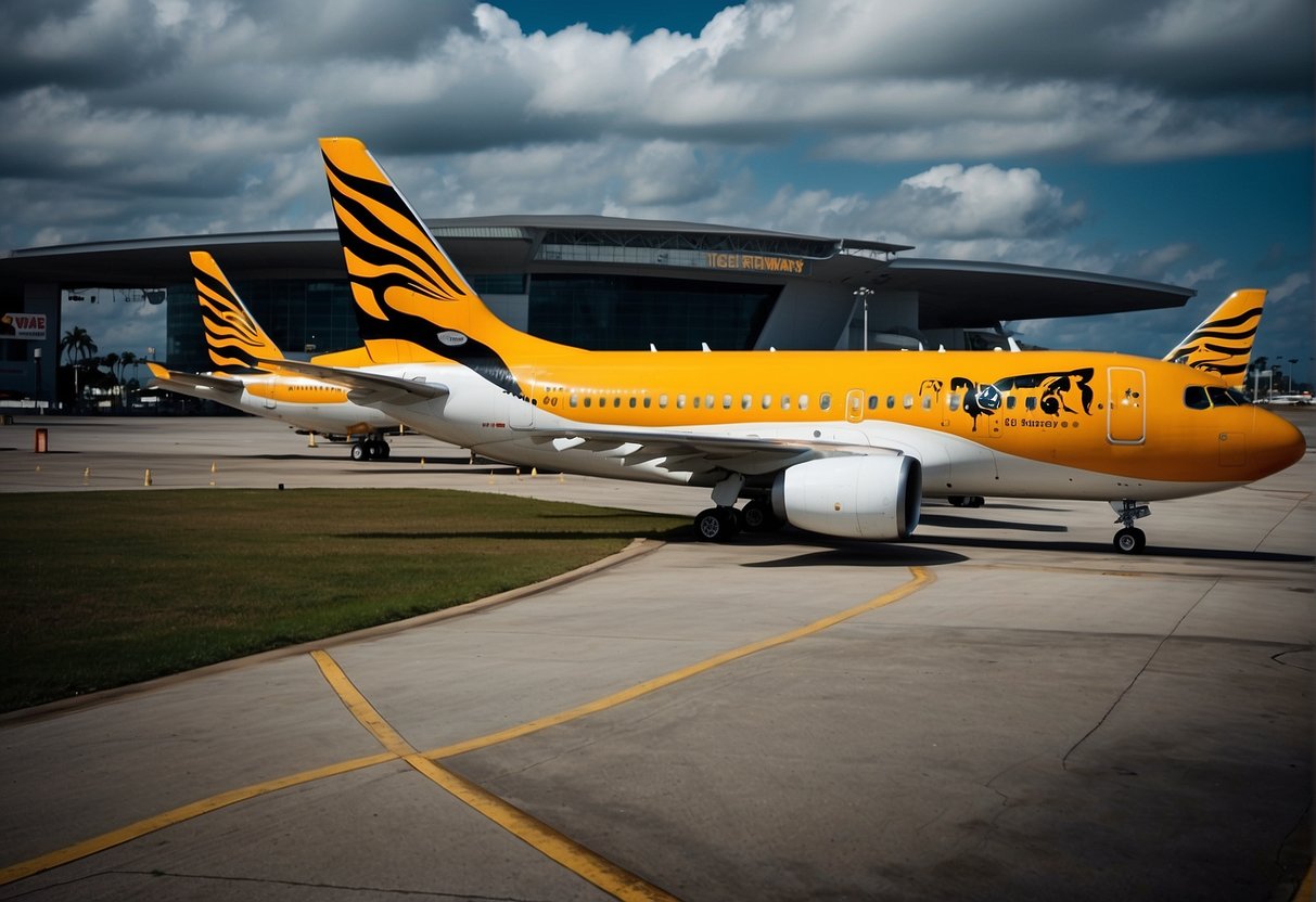 Tiger Airways promotions displayed with bold text and vibrant colors, surrounded by images of exotic destinations and airplane icons