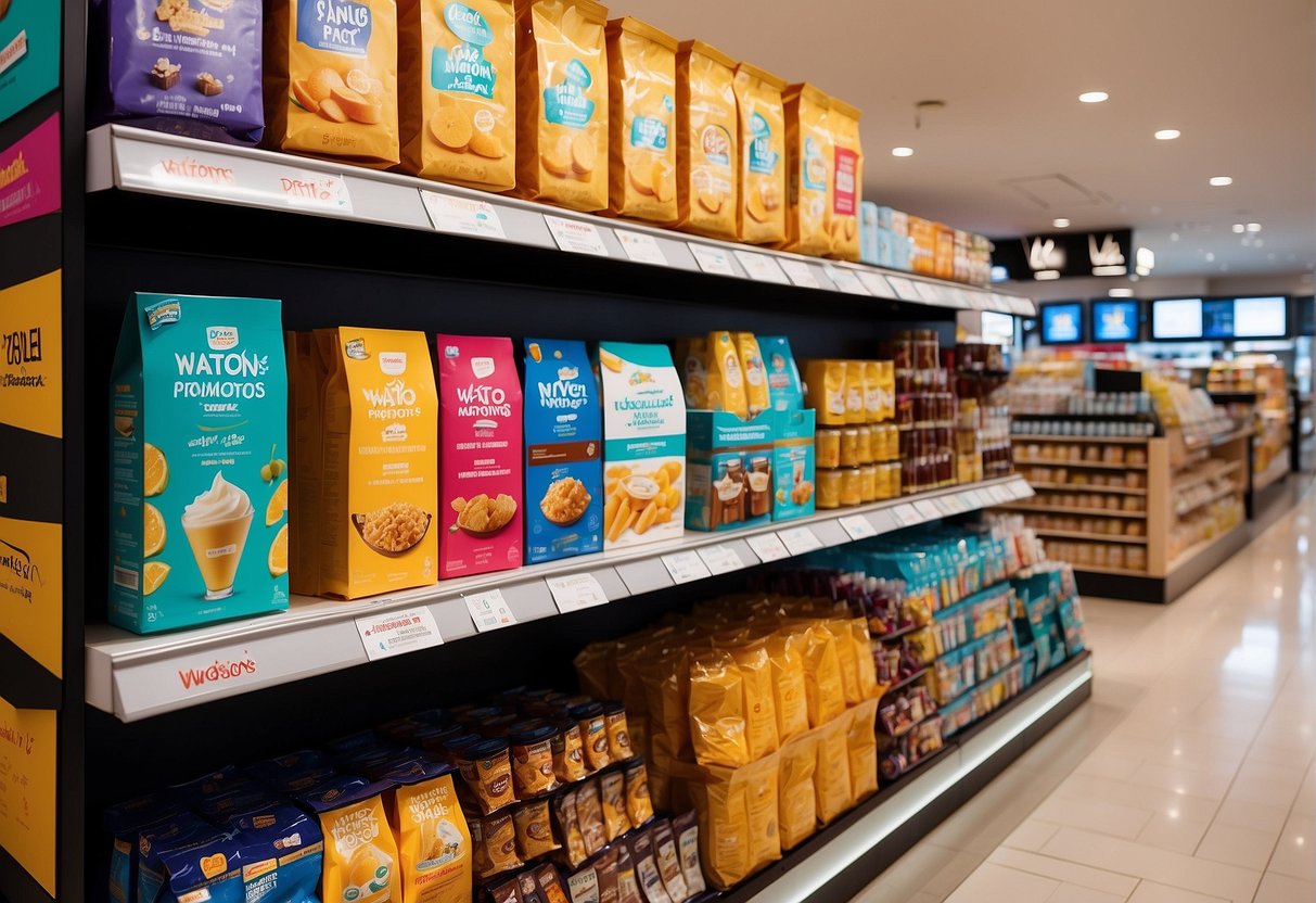 A vibrant display of Watsons promotions in Singapore, featuring colorful signage and products arranged neatly on shelves
