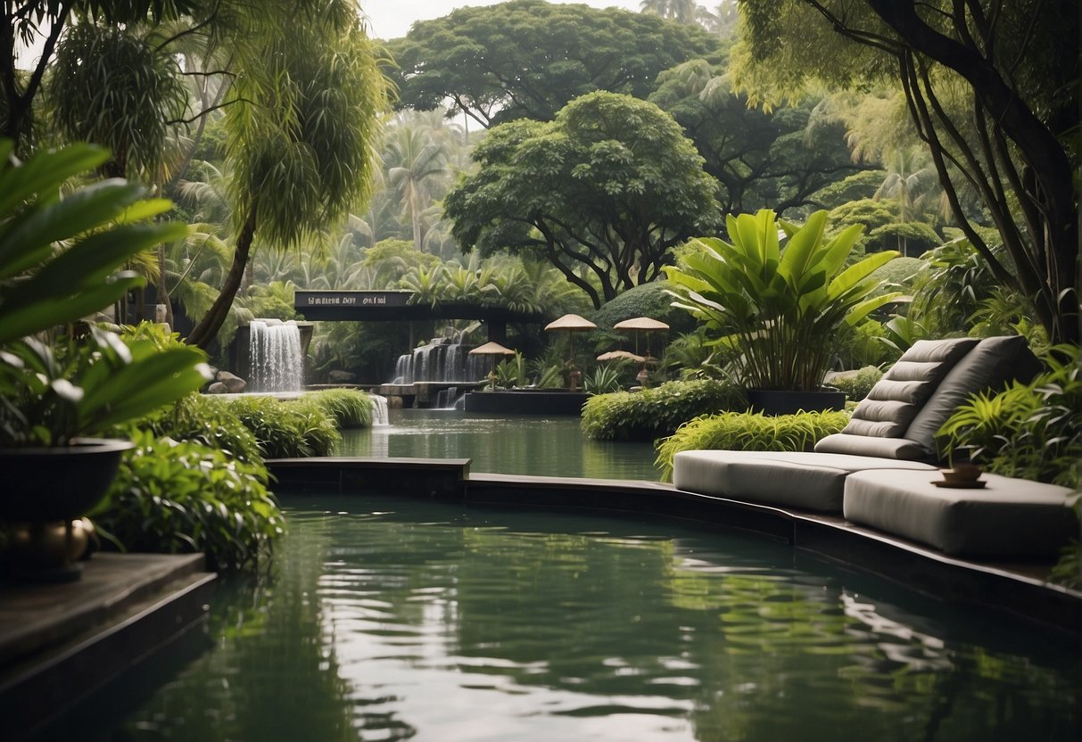 A serene spa nestled by a flowing willow-lined stream in Singapore, with promotional signs and lush greenery