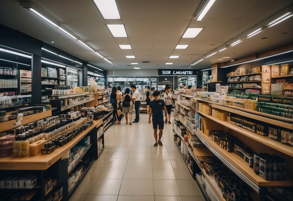 A busy Body Shop store in Singapore, with customers browsing promotions. Shelves are stocked with beauty products, and staff are assisting shoppers