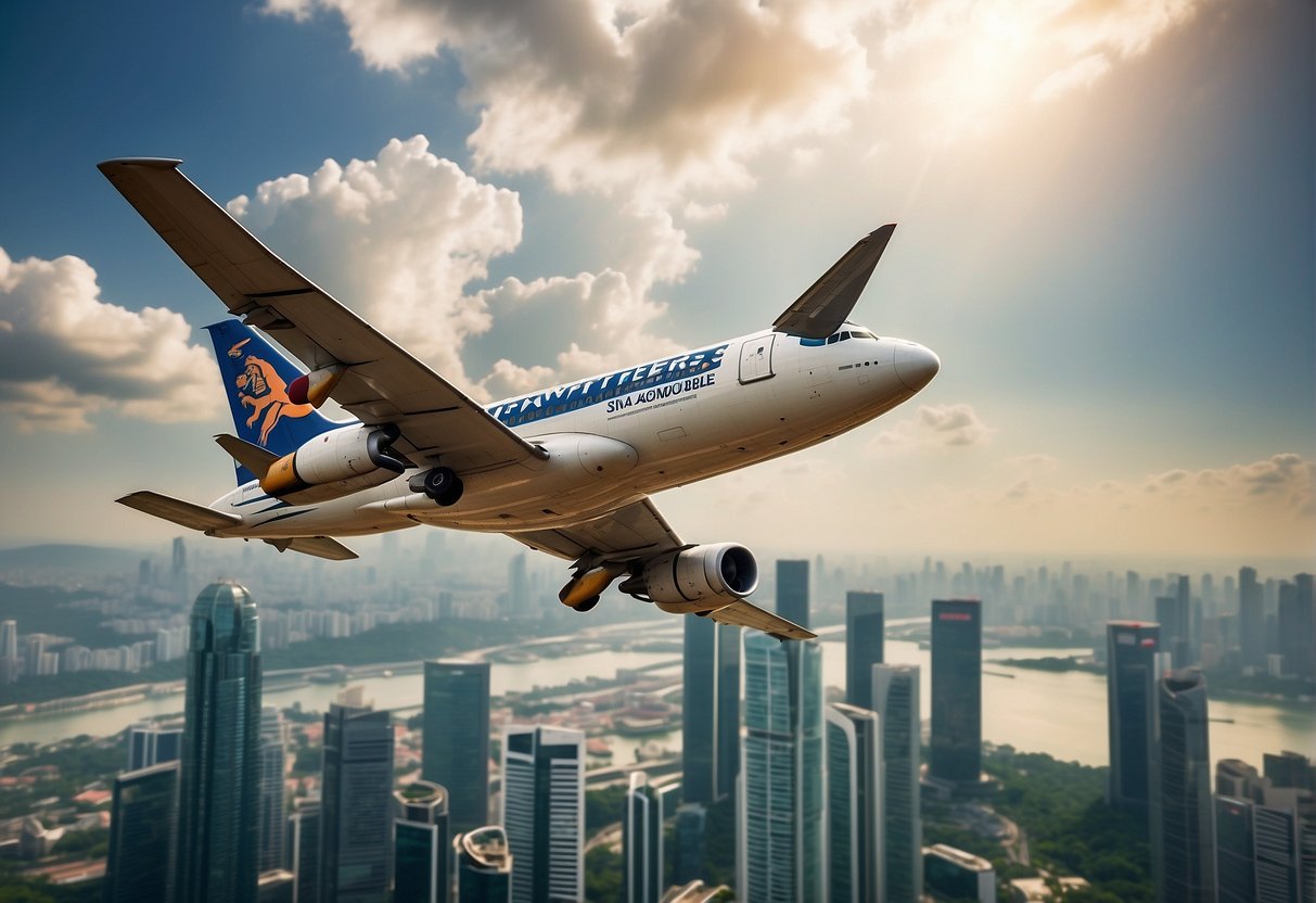 A tiger airplane soaring over the iconic skyline of Singapore, with promotional banners and travel deals displayed on the aircraft's exterior