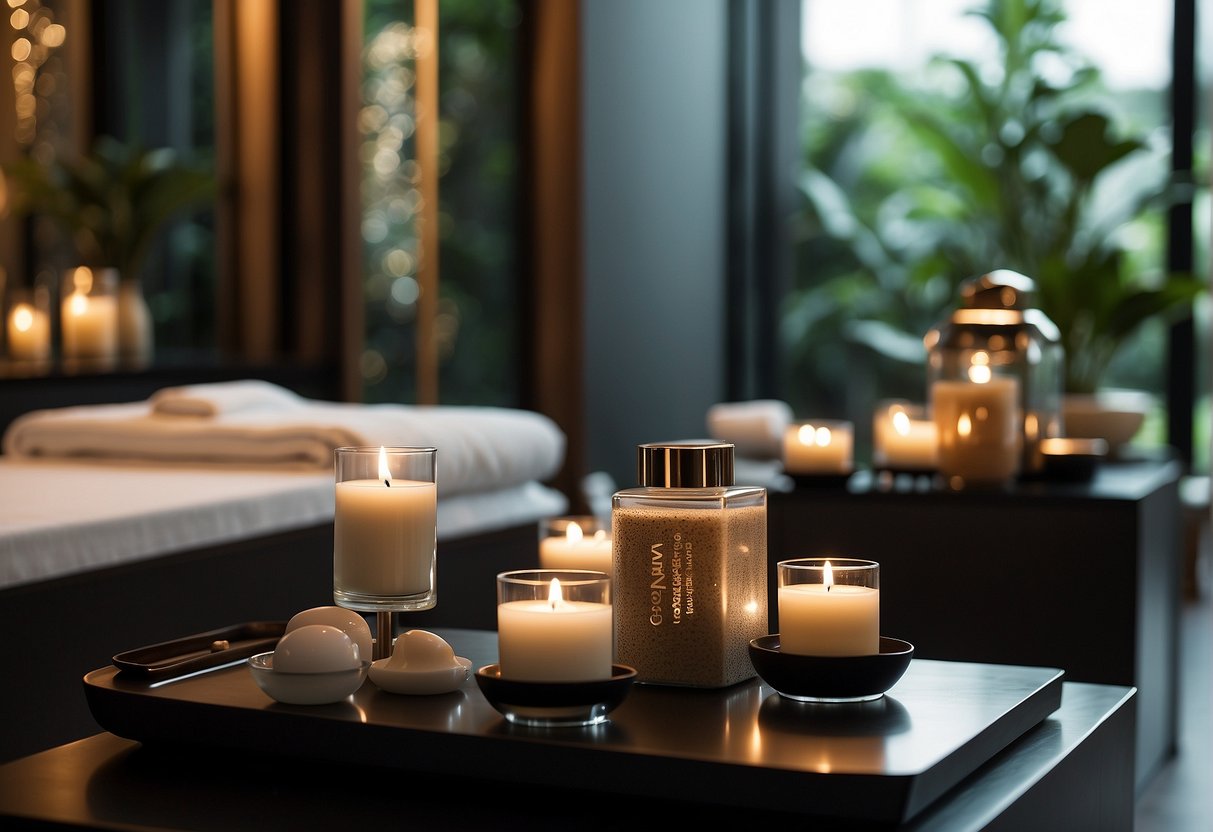 A luxurious spa setting with elegant signage showcasing current promotions at Willow Stream Spa in Singapore