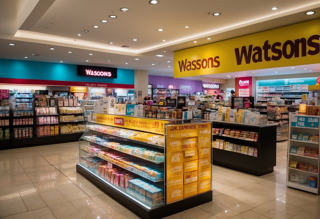 Brightly lit Watsons store with colorful promotional displays, "Hot Buys" signs, and happy customers browsing. A variety of products showcased
