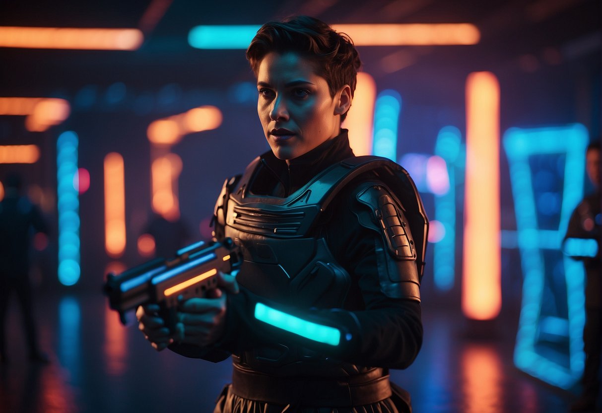Bright neon lights illuminate a futuristic arena with glowing obstacles and barriers, as players engage in an intense game of laser tag