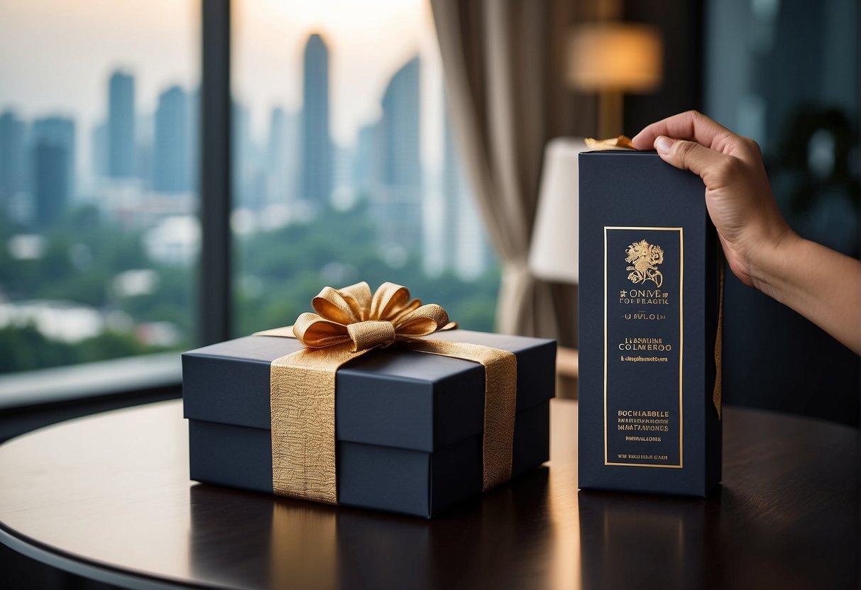 A luxurious gift box with "Exclusive Benefits for Subscribers" branding, surrounded by promotional materials and a Singaporean backdrop
