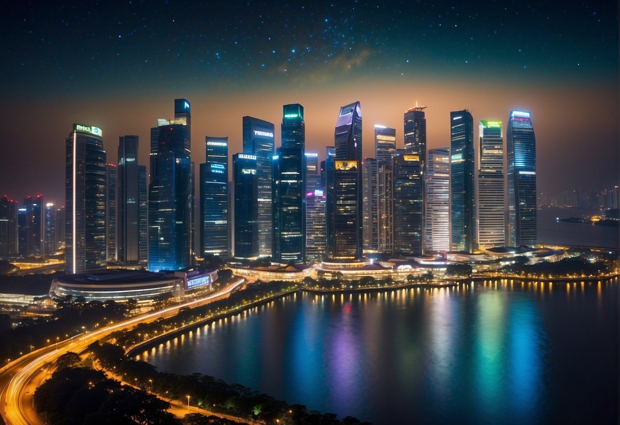A colorful, dreamlike cityscape with towering buildings and twinkling lights, set against a starry night sky. The scene is filled with a sense of wonder and enchantment, capturing the essence of Slumberland Promotions in Singapore