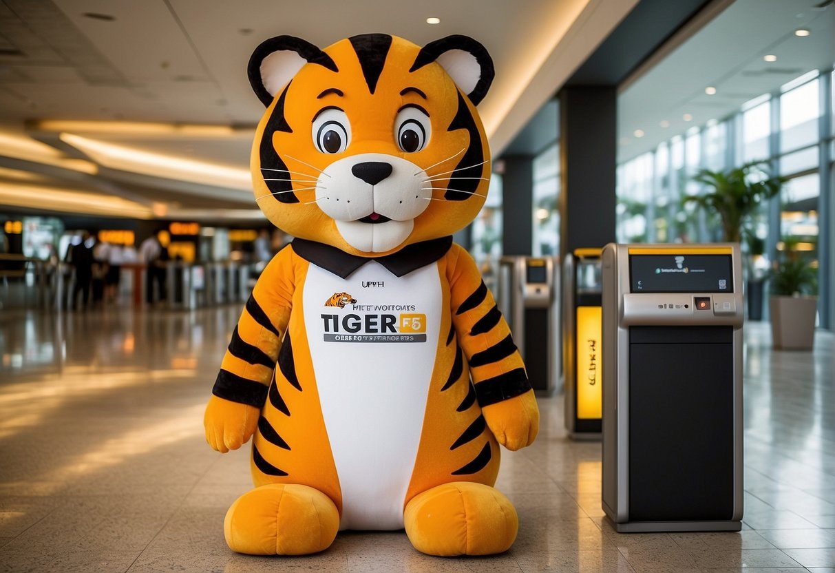 A tiger mascot stands next to a promotional banner with FAQs about Tiger Airways promotions in Singapore