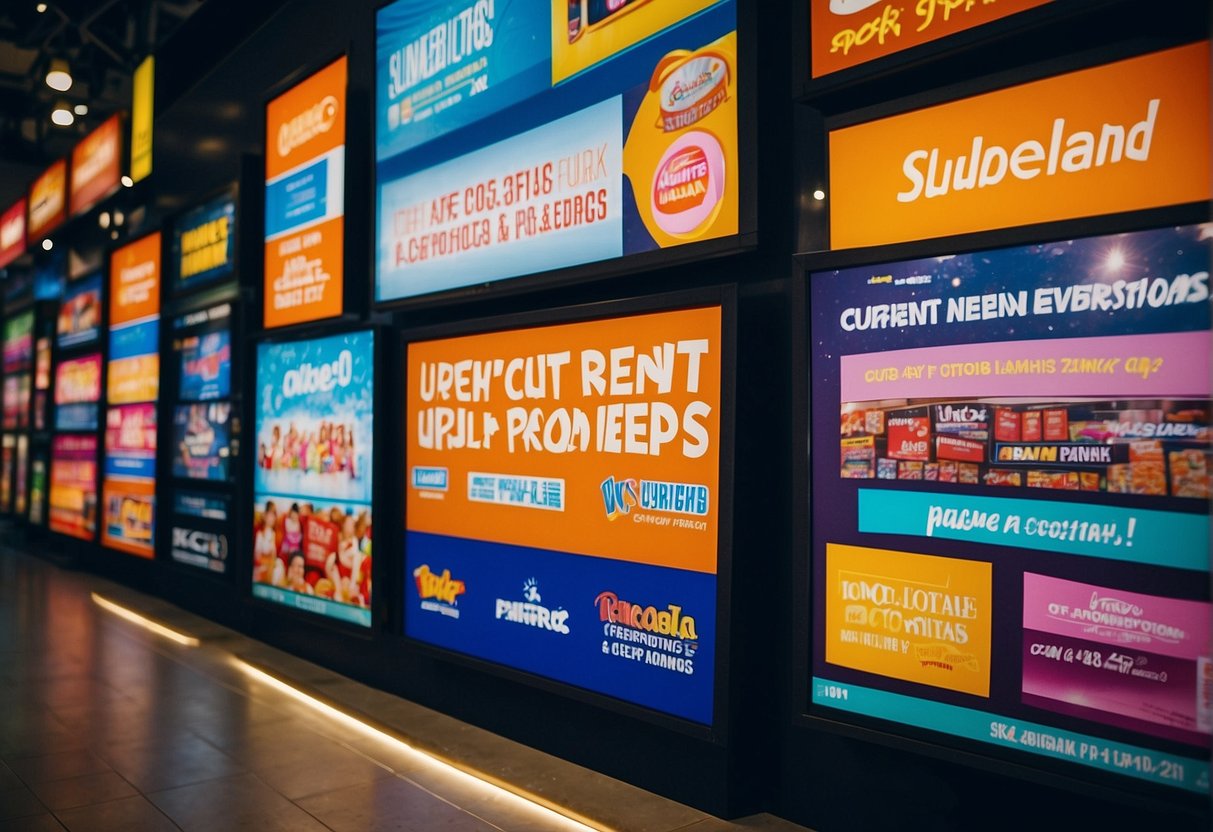 A colorful display of "Current Promotions" signage at Slumberland Promotions Singapore