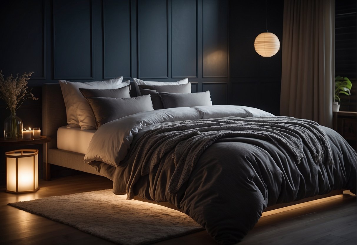 A cozy bedroom with soft, plush bedding, dim lighting, and a calming color scheme. A sleep-promoting atmosphere with a hint of tranquility