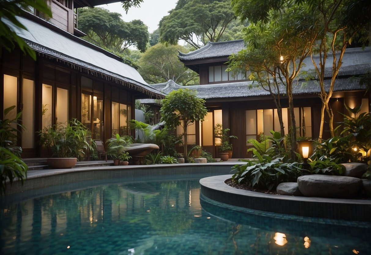 The serene spa setting features lush greenery, calming water features, and elegant signage displaying "Willow Stream Spa Promotions Singapore."