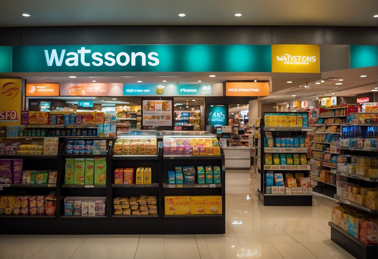A colorful display of Watsons promotions in Singapore, with various products and signage