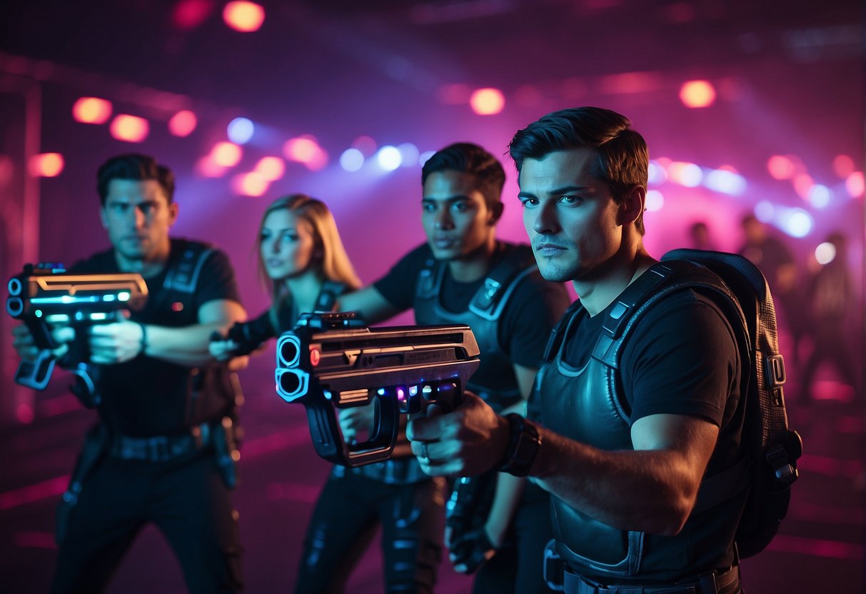A group of people enjoying laser tag in a futuristic arena with neon lights and obstacles, while promotional banners advertise special deals
