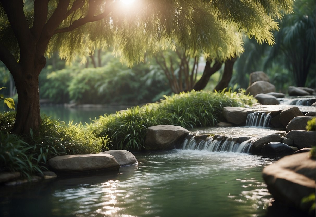 A serene spa setting with willow trees and a flowing stream, showcasing promotions in Singapore