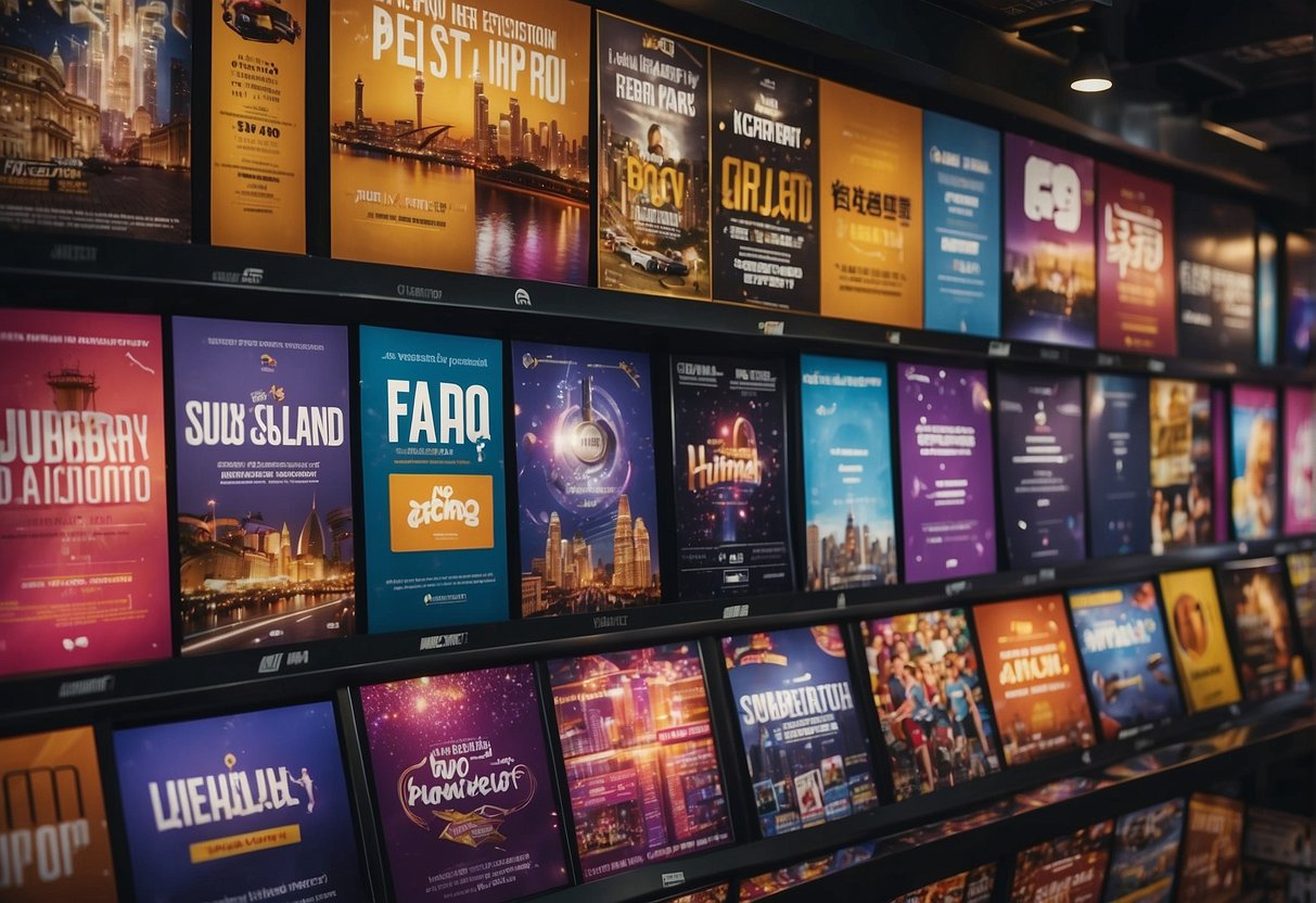 A colorful display of FAQ posters and promotional materials for Slumberland in a bustling Singapore setting