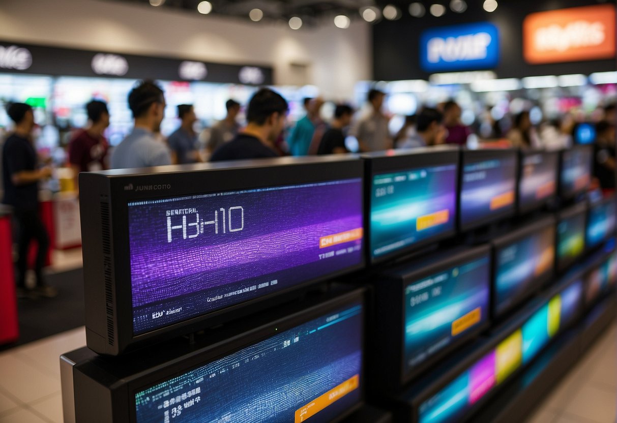 A crowded electronics store in Singapore, with colorful sound bars displayed prominently. Bright promotional signs and enthusiastic customers create a lively atmosphere