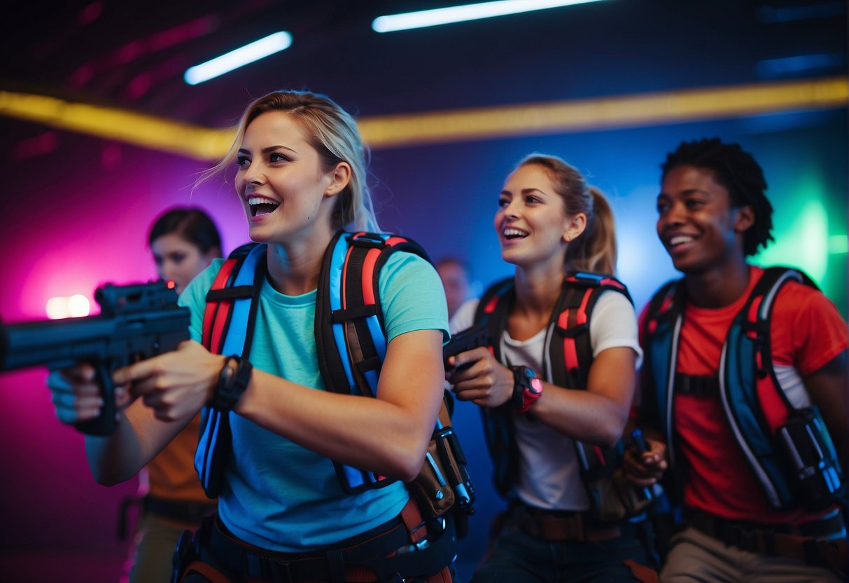 A group of excited participants in colorful vests and laser guns, navigating through a dimly lit maze filled with neon lights and obstacles, while engaging in an intense game of laser tag