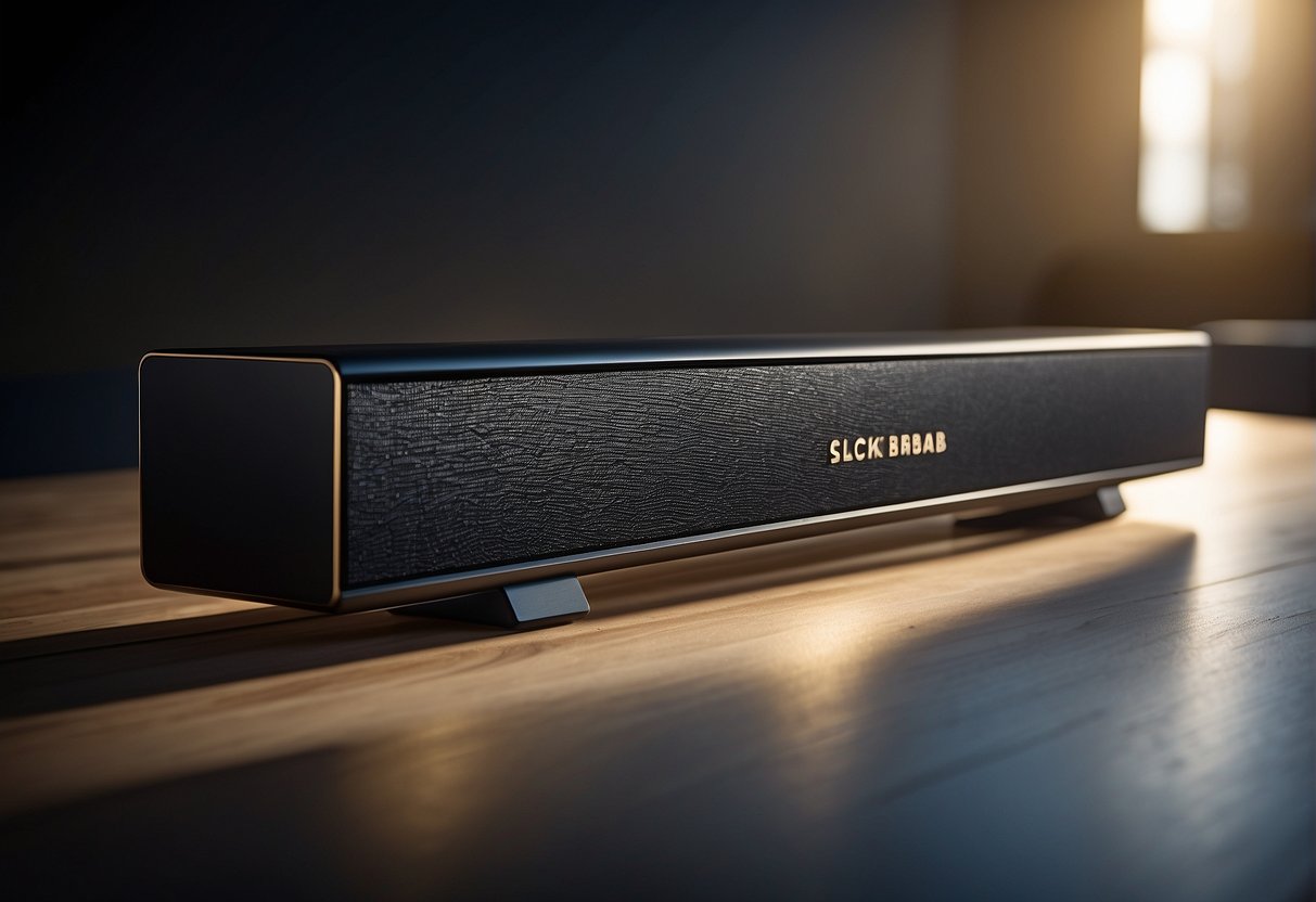 A sleek, modern soundbar sits atop a polished surface, surrounded by soft, ambient lighting. The brand logo is prominently displayed, with a tagline highlighting the high-quality audio experience