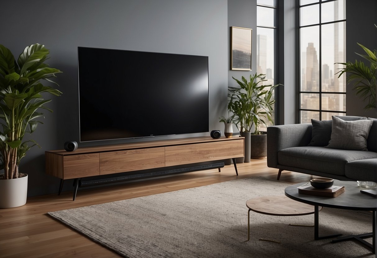 A sleek sound bar connects to multiple devices in a modern living room, enhancing the home entertainment experience