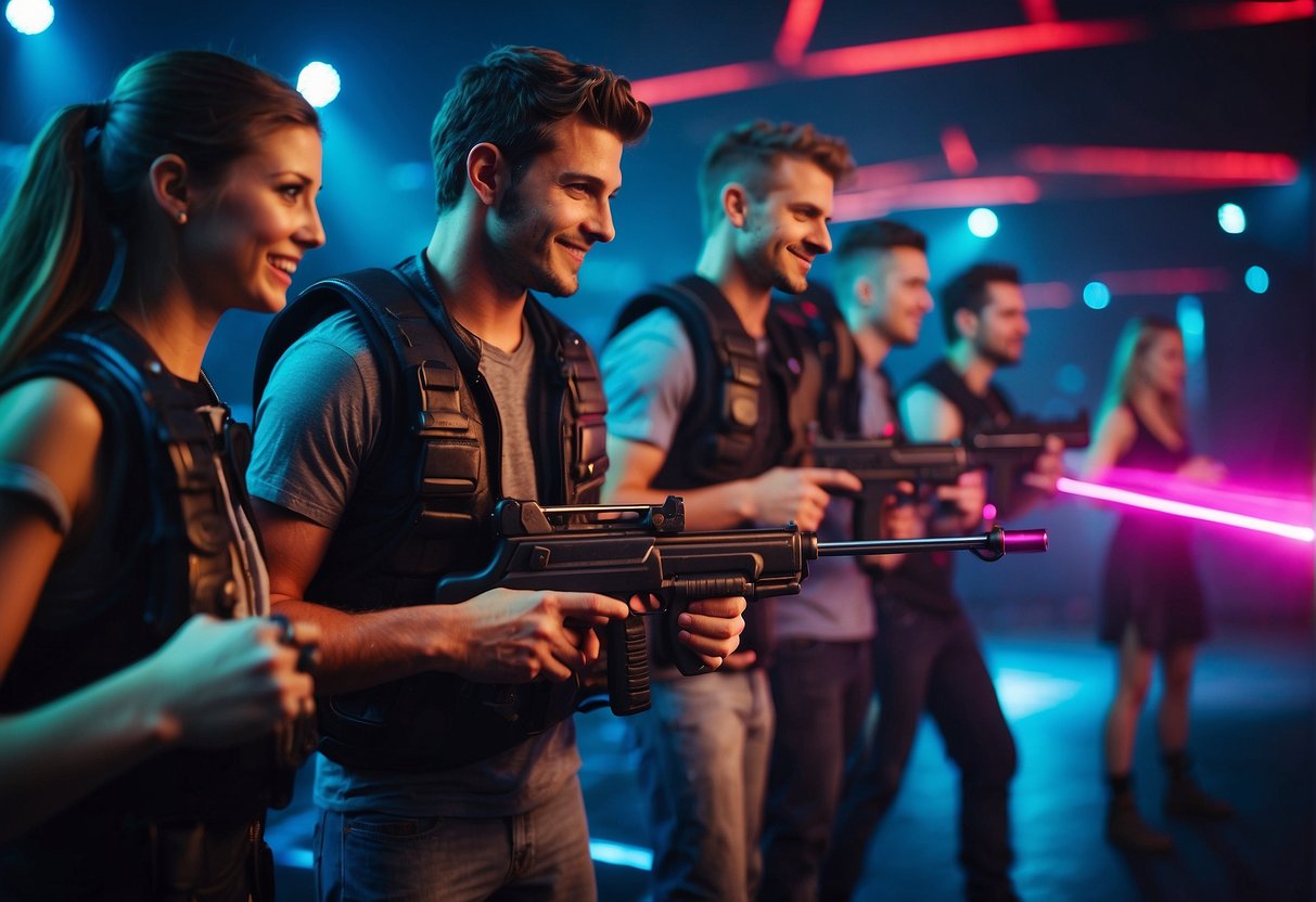 A group of excited people playing laser tag in a futuristic arena with neon lights and obstacles