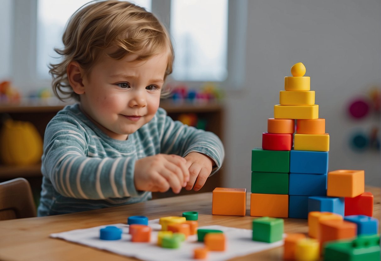 A 30-month-old child is stacking blocks, sorting shapes, and scribbling with crayons at a small table. Nearby, a caregiver is helping the child put on their shoes and coat