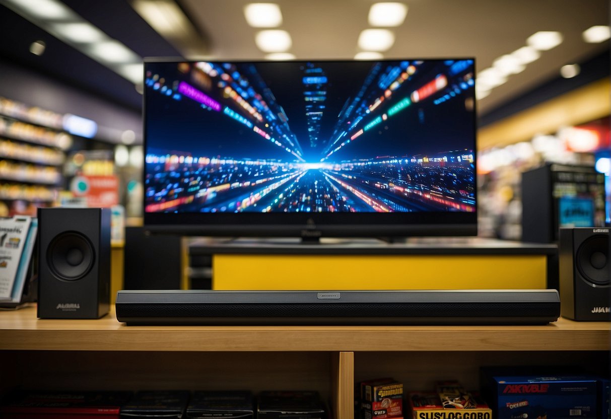 A sound bar sits prominently displayed amidst promotional materials in a bustling electronics store in Singapore
