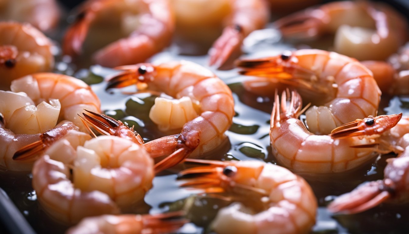 Prawns sizzle in bubbling brine, turning pink and curling as they cook. The steam rises, carrying the savory scent of the sea